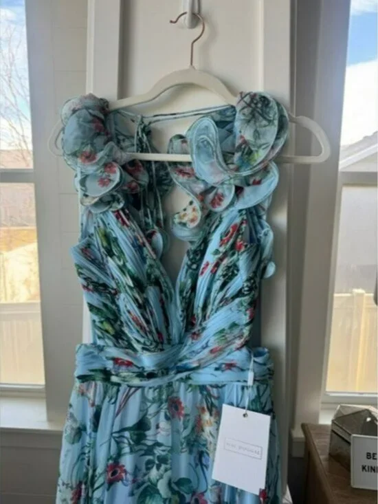 Mac Duggal Blue Chiffon V-Neck Sleeveless Cut-Out Lace Up Back Gown - Picture 7 of 8